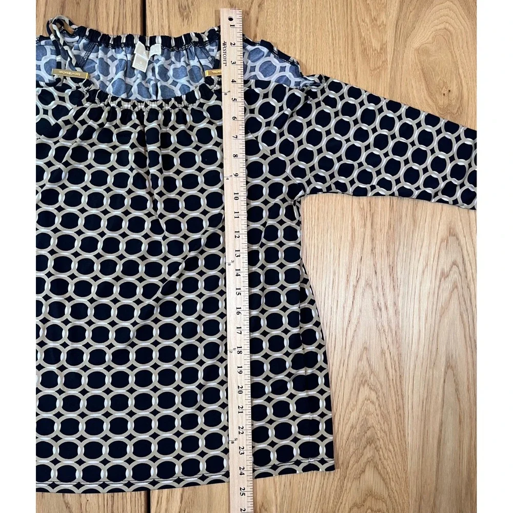 Michael Kors Cold Shoulder Blouse Womens Size S Black Tan Geometric Office Wear